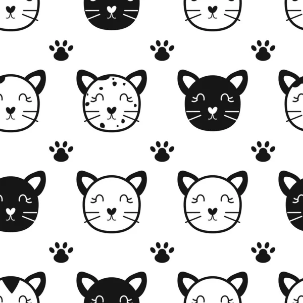 Cute Cat Vector Seamless Pattern Simple Doodle Kitty Face Background — Vetor de Stock