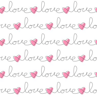 Love word, handwriting seamless pattern with text isolated on white background. Simple outline lettering card template. Valentine's day celebration print. Romantic poster.