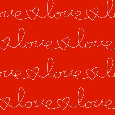 Love word, handwriting seamless pattern with text isolated on red background. Simple outline lettering card template. Valentine's day celebration print. Romantic poster.