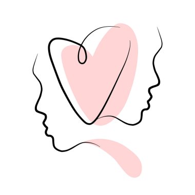 Love concept, handwriting face portrait of couple isolated on white background. Simple outline t shirt print template. Valentine's day celebration card. Heart shape single line art style poster.
