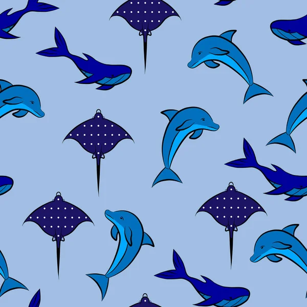 Seamless Nautical Pattern Blue Sea Animal Wallpaper Design Nursery Fabric — Stock Vector