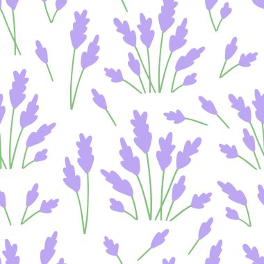 Lavender floral seamless pattern vector template isolated on white background. Simple doodle wildflowers fabric print design. Botanical blooming flowers illustration.