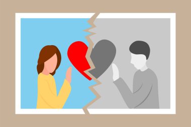 Divorce icon. Torn photo of couple in love. Break up. End of family life. Separation ex-wife and husband. Crisis relationship. Unhappy love. Vector flat illustration clipart