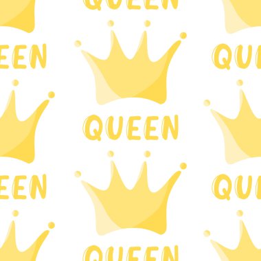 Seamless pattern with doodle royal crown shape. Simple vector nursery fabric print template. Queen word isolated on white background.