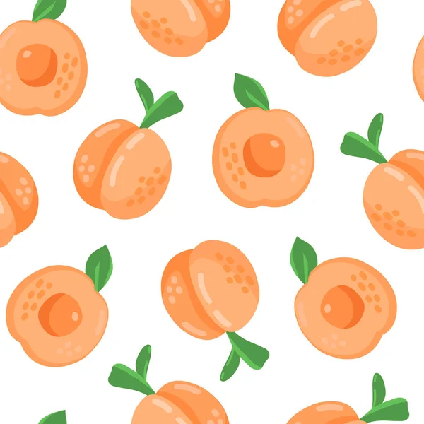 Colorful Cartoon Peach Apricot Fruit Seamless Pattern Isolated White Background — Vetor de Stock