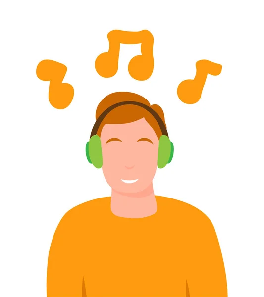 Young Boy Character Headphones Listening Music Vector Concept Flat Colorful — Stock Vector