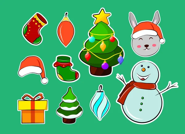 Christmas Season Stickers Set Colorful Cartoon Icons Snowman Santa Hat — Stockový vektor