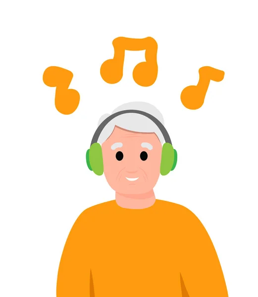 Old Mature Man Character Headphones Listening Music Vector Concept Flat — Stock Vector
