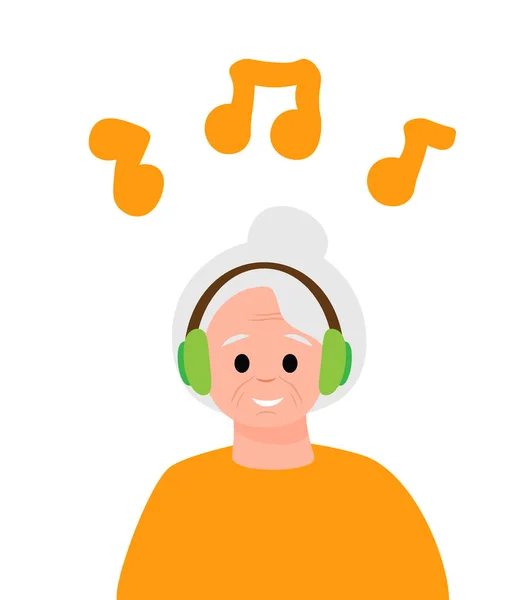 Old Mature Woman Character Headphones Listening Music Vector Concept Flat — Stock Vector