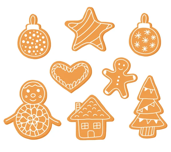 Stock vector Gingerbread doodle flat icon set isolated on white background. Glazed traditional sweet food. Christmas decoration.