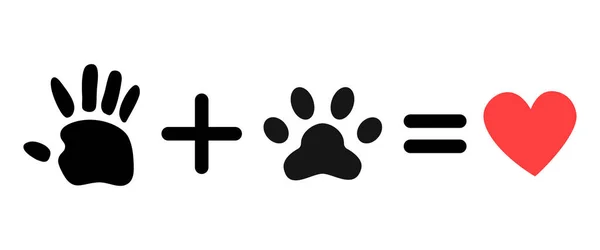 人类手印加上狗爪印等于爱简单的涂鸦印 在白色背景上孤立的矢量轮廓 T恤衫的设计 爱狗的概念 — 图库矢量图片