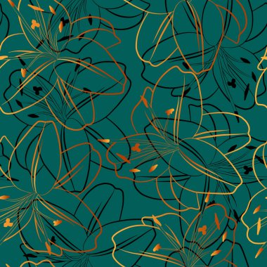 Çiçeksiz desen. Botanik lüks kumaş baskı şablonu. Yeşil zemin üzerinde zambak çiçekleri özeti olan vektör illüstrasyonu.