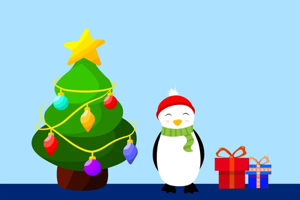 Vector Karikatura Charakter Dovolená Prapor Vánoční Stromeček Dárkové Krabice Roztomilý — Stockový vektor