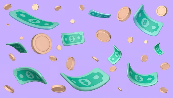 Billetes Monedas Voladoras Sobre Fondo Púrpura Rendir Dinero Ilustración —  Fotos de Stock