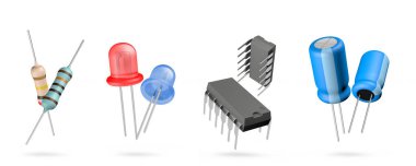 İzole edilmiş beyaz arka planda üç boyutlu elektronik bileşenler. Direnç, liderlik, entegre devre ve kapasitör.