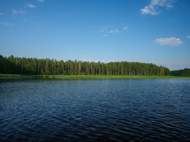 Kır ormanı gölü yazın koyu mavi sularda yansımalar ve kıyılarda yeşil ağaçlarla