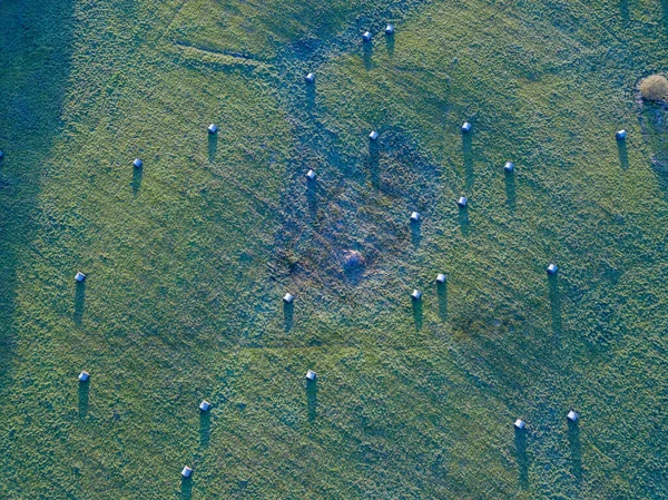 Campos Agrocultivo Desde Arriba Imagen Dron País Otoño Sobras Heno —  Fotos de Stock
