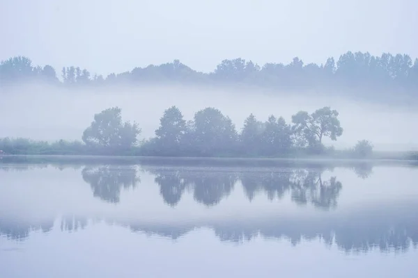 Mañana Brumosa Junto Lago Con Aguas Tranquilas Niebla Reflejos Árboles —  Fotos de Stock