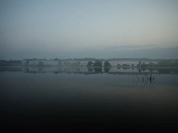 Mlhavé Ráno Jezera Klidnou Vodou Mlhou Odrazy Stromů Zrcadlovém Povrchu — Stock fotografie