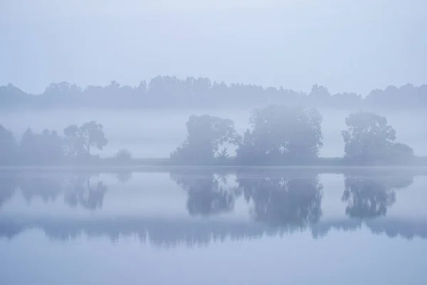Sakin Sis Ayna Yüzeyindeki Ağaçların Yansımaları Ile Gölün Yanında Sisli — Stok fotoğraf