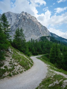 Slovenya 'daki Triglav parkında, mavi bulutlu gökyüzünün altında ve zirvelerinde. Güneşli yaz günü