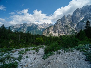 Slovenya 'daki Triglav parkında, mavi bulutlu gökyüzünün altında ve zirvelerinde. Güneşli yaz günü