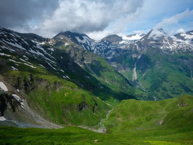 Grossglockner yakınlarında karlı zirveleri olan Avusturya 'daki yeşil Alpler dağları