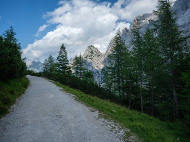 Slovenya 'daki Triglav parkında, mavi bulutlu gökyüzünün altında ve zirvelerinde. Güneşli yaz günü