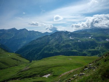 Grossglockner yakınlarında karlı zirveleri olan Avusturya 'daki yeşil Alpler dağları