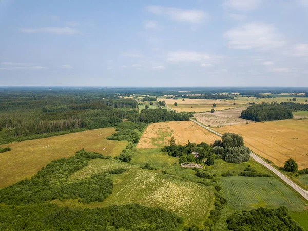 Åkrar Och Vägar Molnig Himmel Drönare Antenn Bild Före Regn — Stockfoto