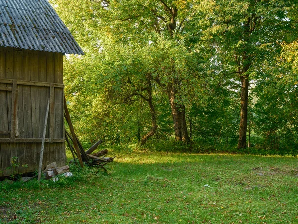 Stará Venkovská Stodola Dřevěných Prken Betonu Venkovské Oblasti Létě — Stock fotografie