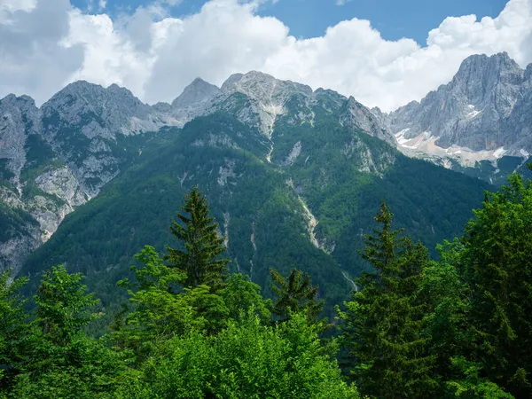 Summer Mountain Tops Peaks Blue Cloudy Sky Slovenia National Triglav — Stock Photo, Image