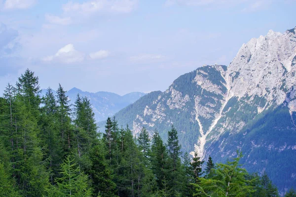 Summer Mountain Tops Peaks Blue Cloudy Sky Slovenia National Triglav — Stock Photo, Image
