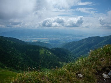 Yazın Slovakya 'da çimlerle kaplı sisli yeşil dağ çekirdekleri. Tatra dağları panorama