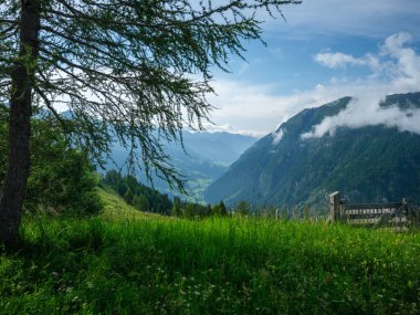 Avusturya 'nın yaz tarlaları ve köyleri üzerindeki dağ zirveleri ve çizgiler
