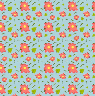 Pembe çiçek desenli parlak mavi vektör arkaplanı ve yaprakları