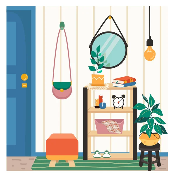 Een Home Hal met een Plank met decoraties, Potted Plants, Gevoerde kruk, een opknoping spiegel, Gestreepte muuren.Gezellige voorkamer met meubels in vlakke stijl. vectorillustratie geïsoleerd op wit. — Stockvector