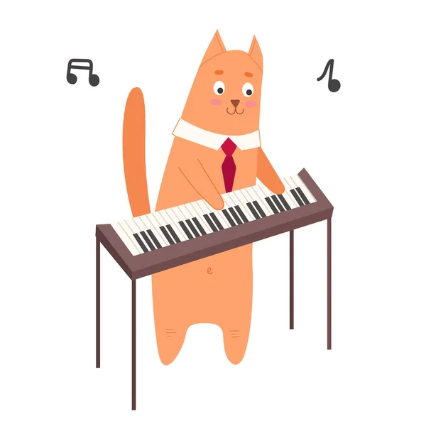Вектор Красный Кот играет на пианино в галстуке. Милый Пет играет на музыкальном клавишном инструменте. Плоская иллюстрация на белом фоне. — стоковый вектор