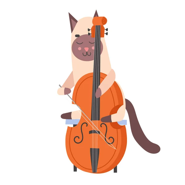 Vektor Sziámi Macska játszik a Cselló. Cuki Kitty egy húros hangszeren játszik. Lapos illusztráció elszigetelt fehér háttér. — Stock Vector