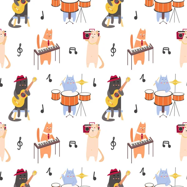Modello senza cuciture vettoriale con gatti musicisti. Grazioso disegnato a mano gattino suonare strumenti musicali. ornamento piatto bambino isolato su uno sfondo bianco. — Vettoriale Stock