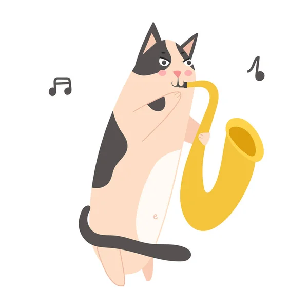 Vector Cat toca saxofone. Uma mão desenhada Gatinho com manchas pretas toca um instrumento musical de bronze. Um músico de jazz giro. Ilustração plana isolada sobre branco. — Vetor de Stock