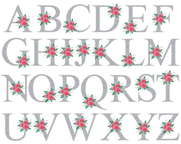 Cute kwiatowy srebrny alfabet kolekcja — Zdjęcie stockowe