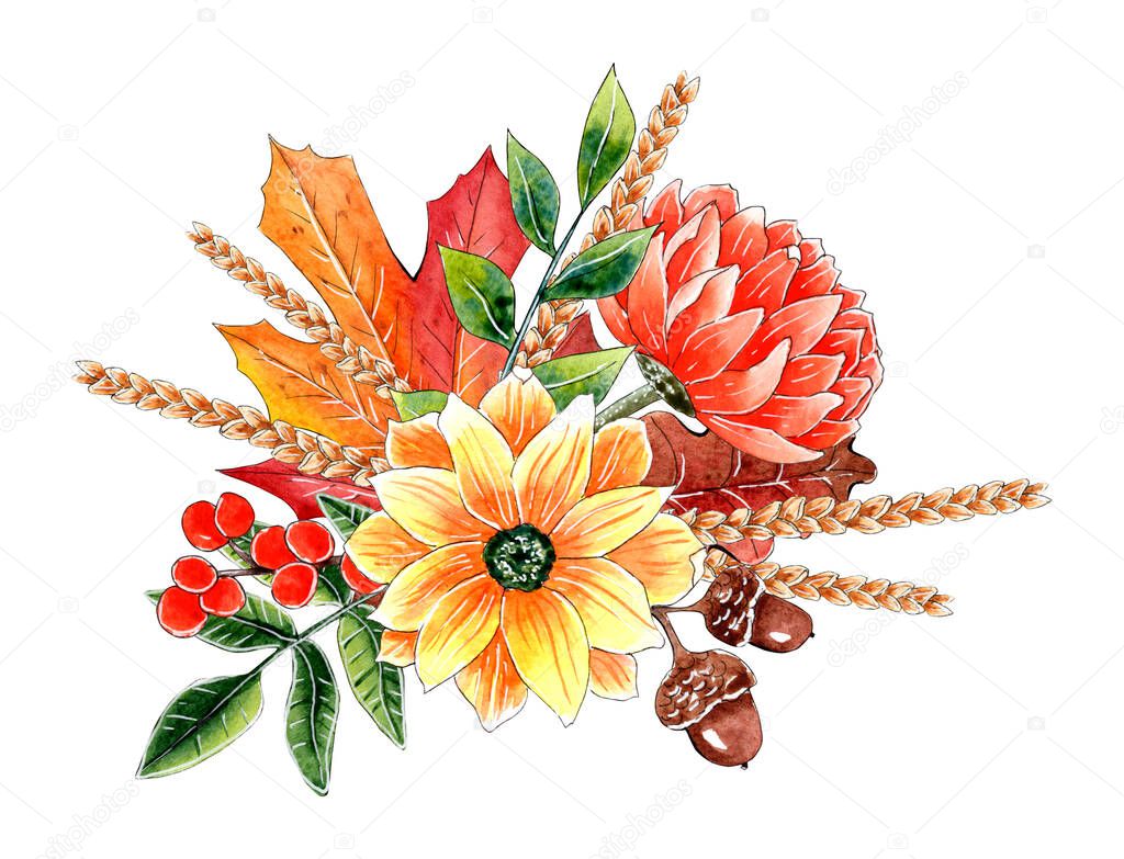 Watercolor autumn fall floral bouquet arrangement.