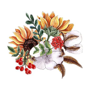 Pamuk çiçekli suluboya ayçiçeği buketi, böğürtlen ve kuru yapraklı.