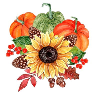 Balkabaklarıyla el boyaması ayçiçeği düzenleme.