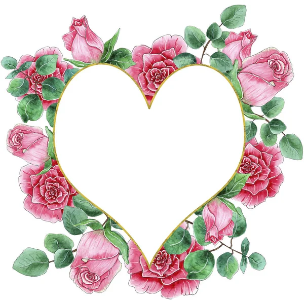 Diseño de marco en forma de corazón de rosa acuarela. —  Fotos de Stock