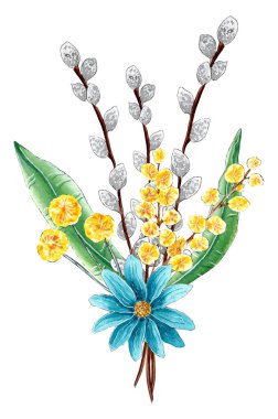 Watercolor Spring Arrangement with Pussy Willow branches.