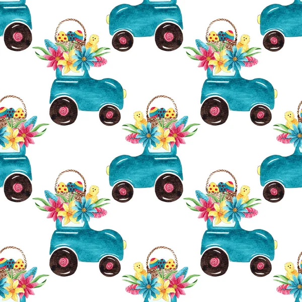 Watercolor Blue Easter tractor background.