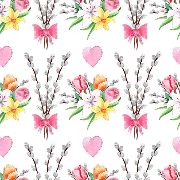 Cute Spring floral background with watercolor pussy willow branch and spring flowers. — стоковое фото