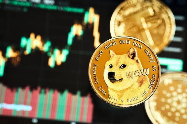 Dogecoin Kryptowährung Und Hintergrundgrafik Statistiken — Stockfoto